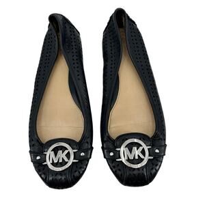 Michael KORS FULTON CLASSIC MK silver LOGO LASERED BLACK MOCCASINS size 8.5